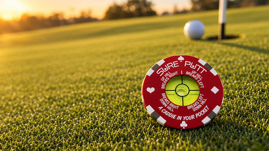 Sure Putt Pro red poker chip green reader on a sloped putting green at sunset