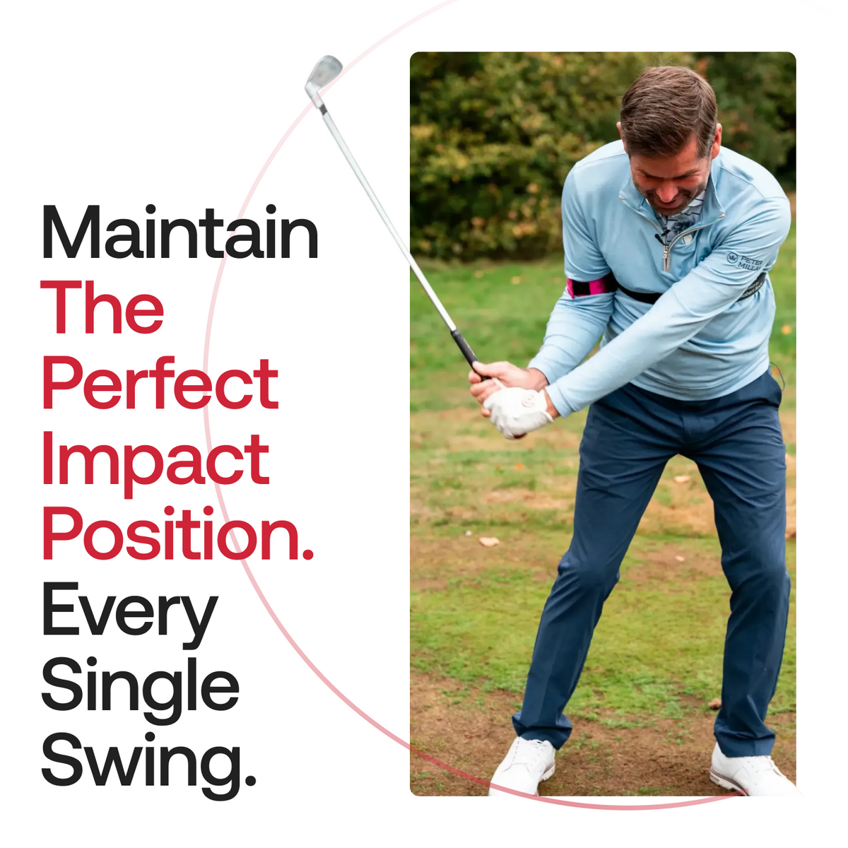 TRS Slider golf training aid worn by golfer in the impact position, trail arm connected
