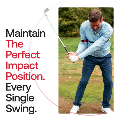 TRS Slider golf training aid worn by golfer in the impact position, trail arm connected