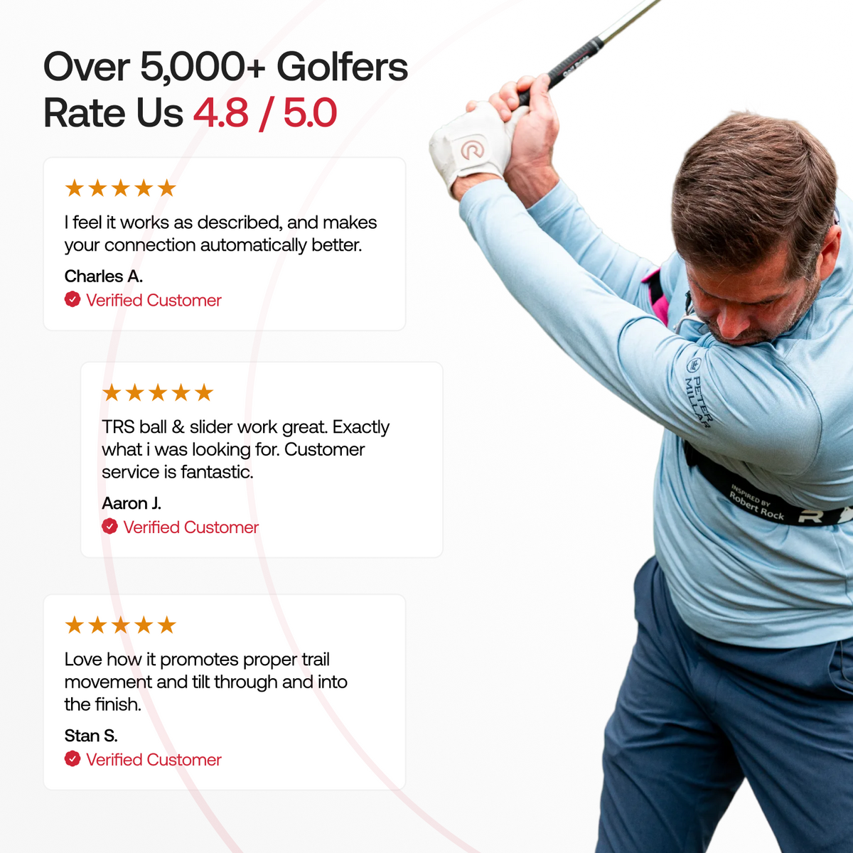 Golfer at the top of the backswing wearing the TRS Slider chest strap and pink trail arm cuff