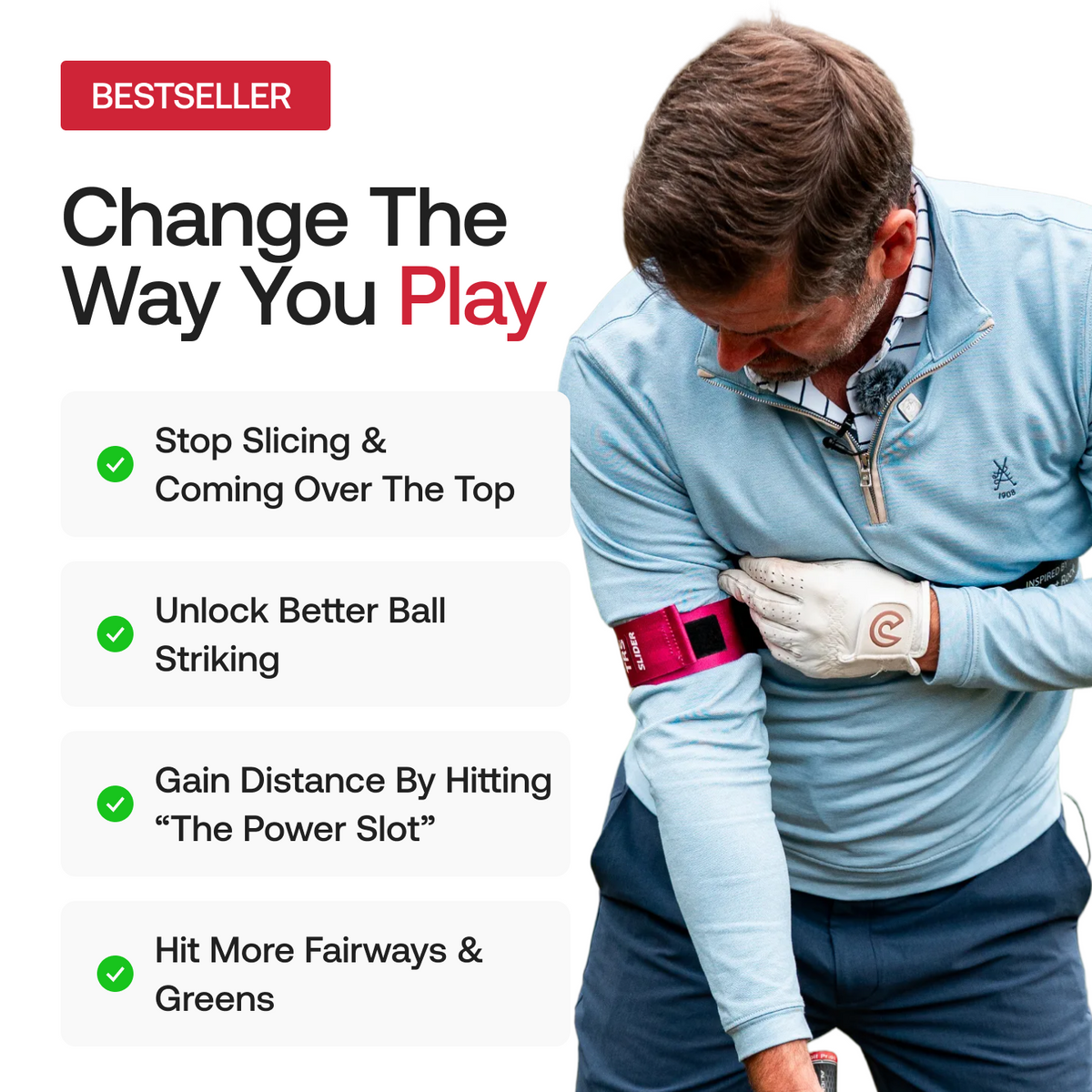 Golfer fastening the pink TRS Slider trail arm strap above the elbow