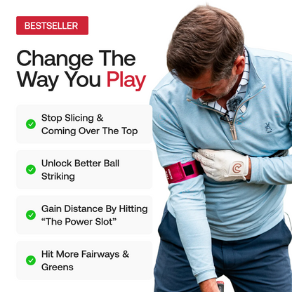 Golfer fastening the pink TRS Slider trail arm strap above the elbow