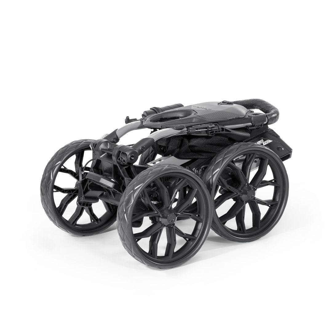 Silver/Black Bag Boy Quad Pro push cart folded