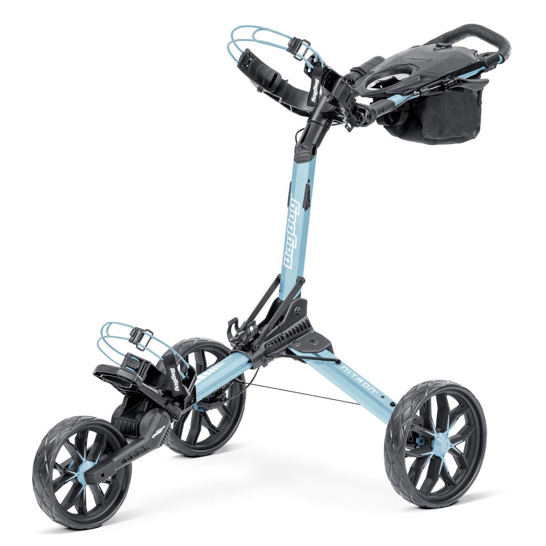 Bag Boy Nitron Auto-Open Golf Push Cart in Ice Blue/White