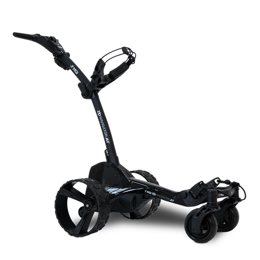 MGI Zip Navigator AT black electric golf cart, front three-quarter view