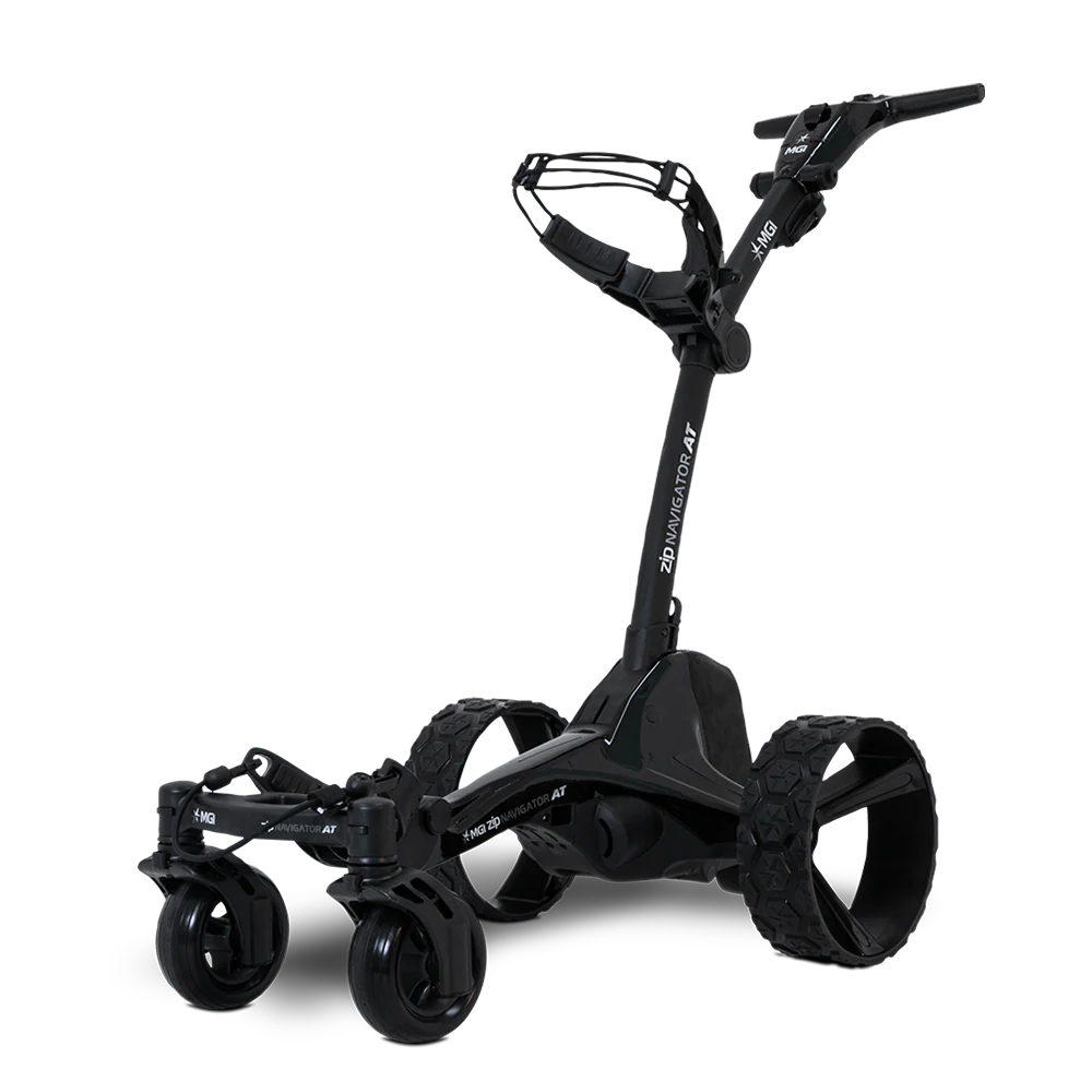 MGI Zip Navigator AT four wheel all terrain electric caddie front view showing dual swiveling front wheels