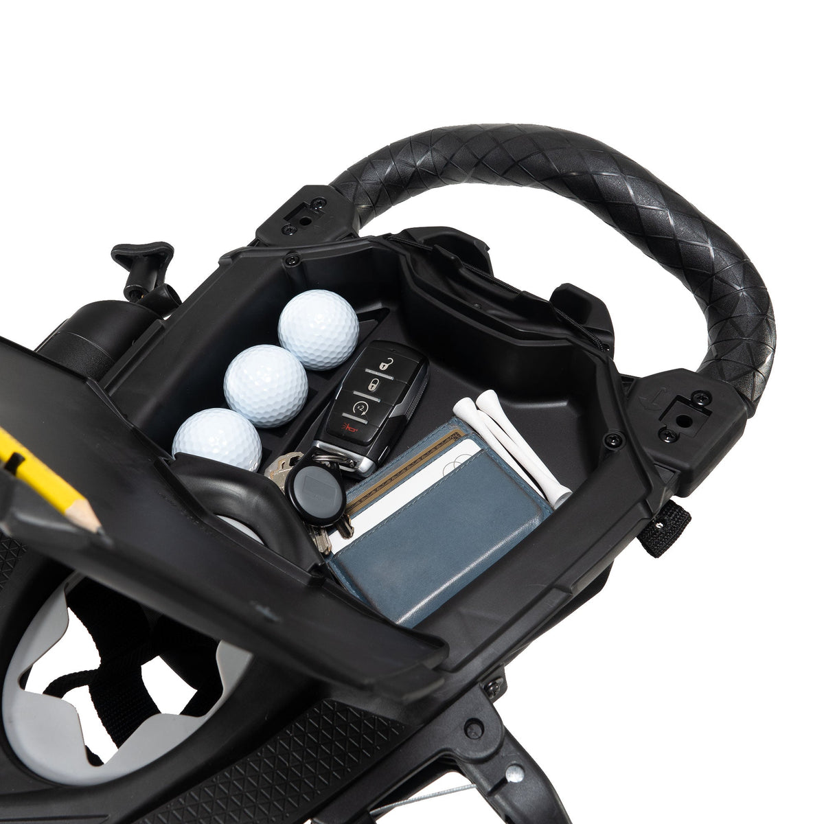 Bag Boy Nitron scorecard console storing golf balls, tees and cards