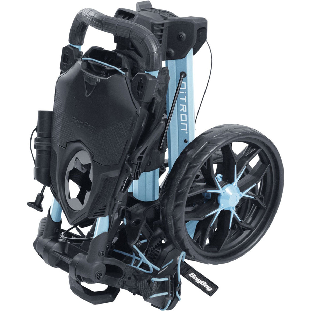 Ice Blue/White Bag Boy Nitron Auto-Open push cart folded for transport