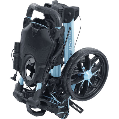 Ice Blue/White Bag Boy Nitron Auto-Open push cart folded for transport