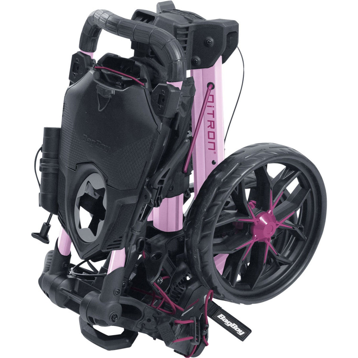Pink/Wine Bag Boy Nitron Auto-Open push cart folded for transport