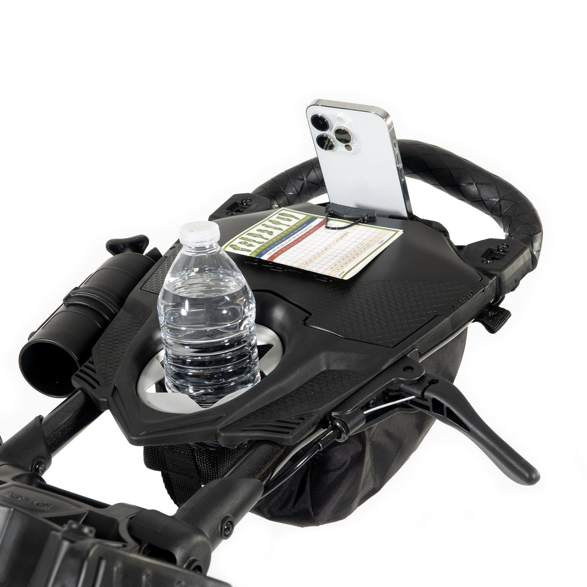 Bag Boy Nitron Auto-Open Golf Push Cart scorecard console with drink and phone holders