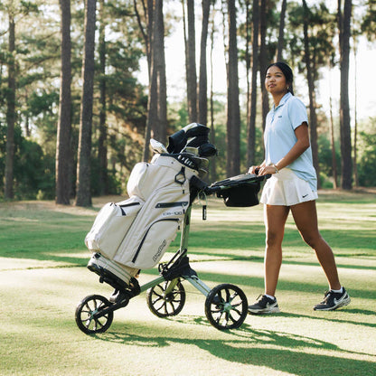 Sage/White Bag Boy Nitron Auto-Open push cart on the golf course