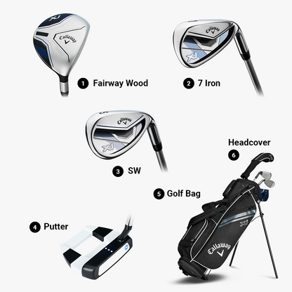Callaway XJ Junior Level 1 set contents: fairway wood, 7-iron, sand wedge, putter, stand bag and headcover
