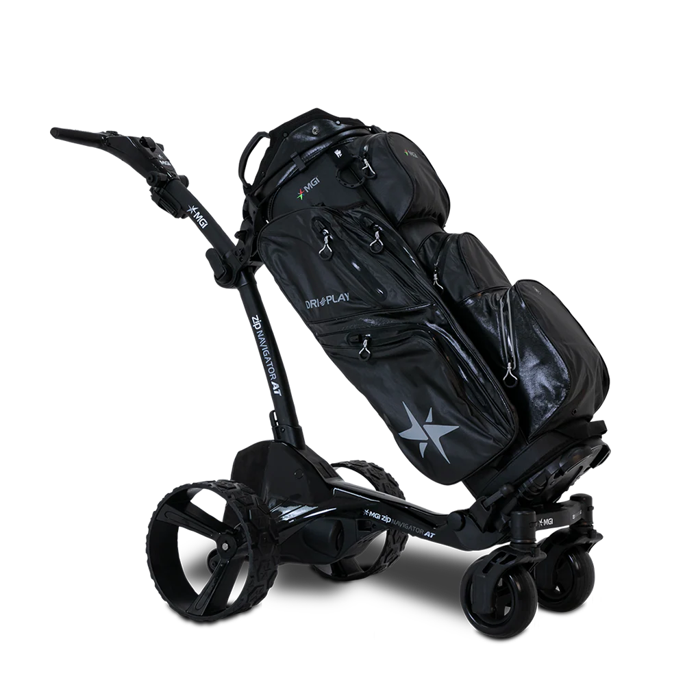 MGI Zip Navigator AT electric golf caddy shown with an MGI cart bag mounted