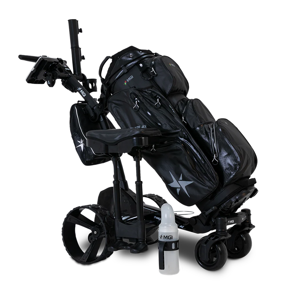 MGI Zip Navigator AT electric caddie shown fully equipped with cart bag, seat, umbrella holder, GPS holder and other optional accessories